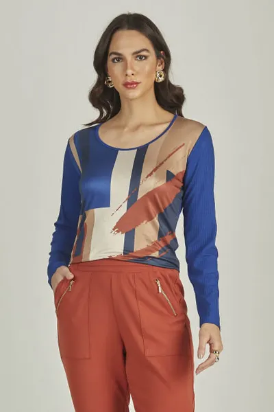 BLUSA MANGA LONGA CANELADA AZUL COBALTO MIRA VEST