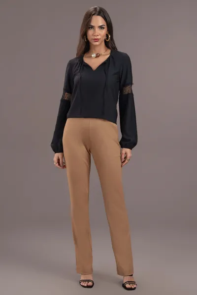 BLUSA MANGA LONGA DECOTE V COM AMARRAÇÃO PRETO MIR