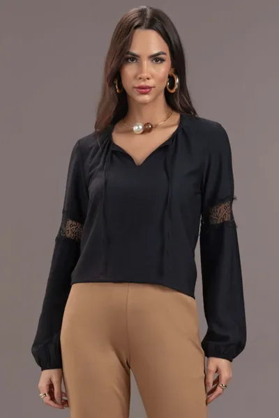 BLUSA MANGA LONGA DECOTE V COM AMARRAÇÃO PRETO MIR