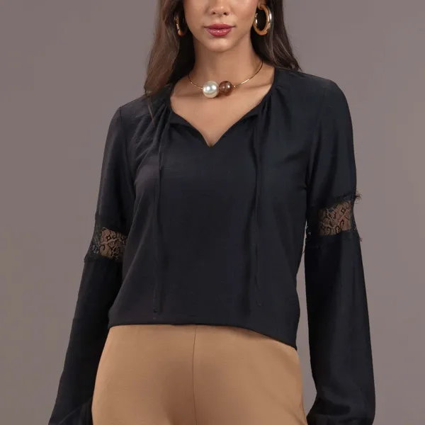 BLUSA MANGA LONGA DECOTE V COM AMARRAÇÃO PRETO MIR