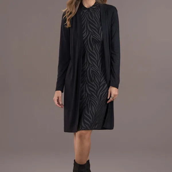 DUETO COM VESTIDO MANGA COPO E CARDIGAN PRETO MIRA