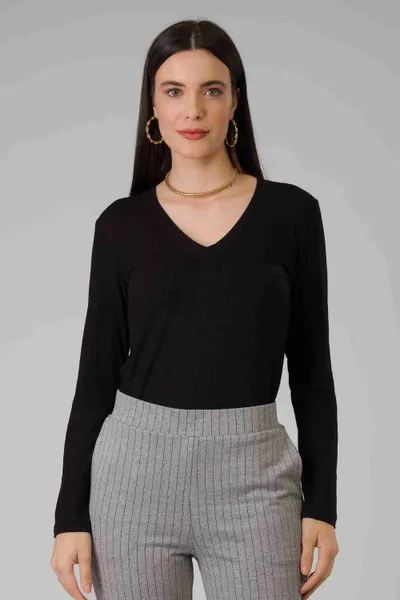 BLUSA CANELADA MANGAS COMPRIDAS PRETO MIRA VEST