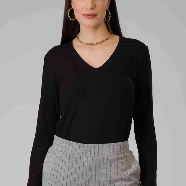 BLUSA CANELADA MANGAS COMPRIDAS PRETO MIRA VEST