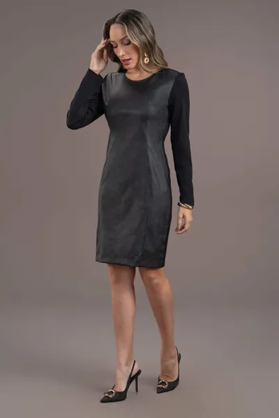 VESTIDO DECOTE REDONDO MALHA PU PRETO MIRA VEST
