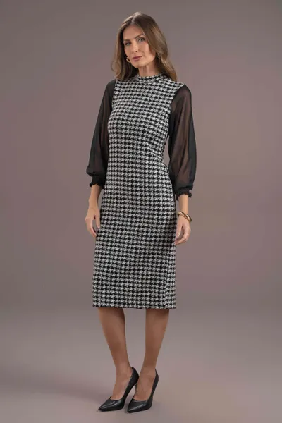 VESTIDO MANGA LONGA GOLA ALTA PRETO XADREZ MIRA VE