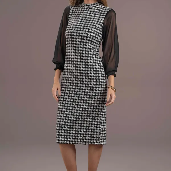 VESTIDO MANGA LONGA GOLA ALTA PRETO XADREZ MIRA VE