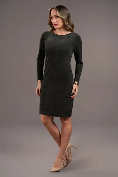 VESTIDO DECOTE CANOA VELUDO COTELÊ VERDE MILITAR M