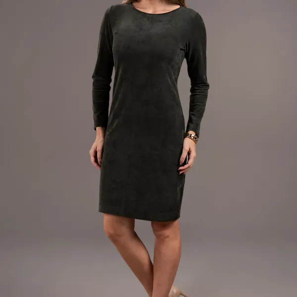VESTIDO DECOTE CANOA VELUDO COTELÊ VERDE MILITAR M