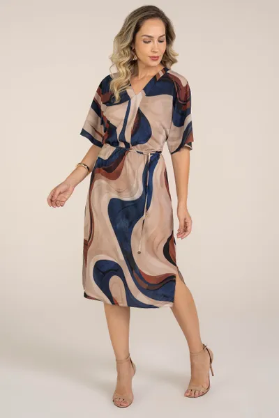 VESTIDO DECOTE V MANGA JAPONESA BEGE/MARINHO MIRA