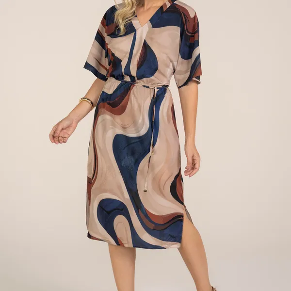 VESTIDO DECOTE V MANGA JAPONESA BEGE/MARINHO MIRA