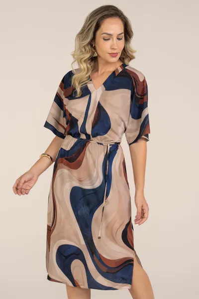 VESTIDO DECOTE V MANGA JAPONESA BEGE/MARINHO MIRA