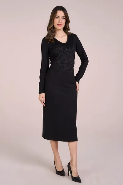 VESTIDO T-SHIRT MIDI DECOTE V PRETO MIRA VEST