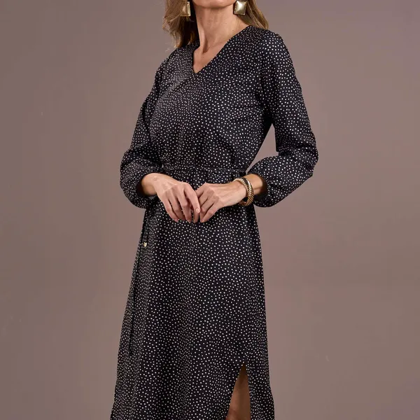 VESTIDO MIDI MANGA COMPRIDA CINTO PRETO MIRA VEST