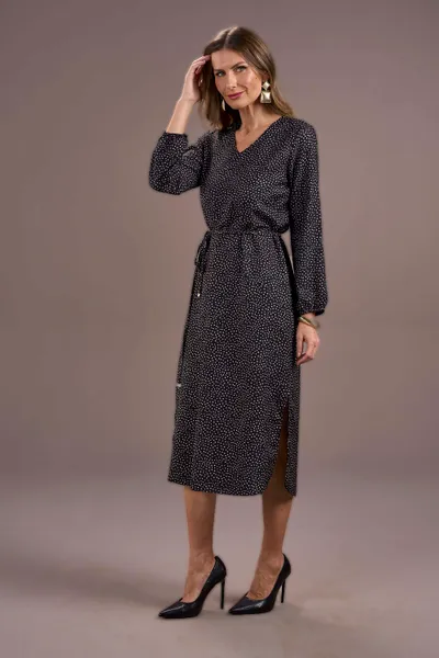 VESTIDO MIDI MANGA COMPRIDA CINTO PRETO MIRA VEST