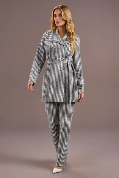 CASACO JACQUARD COM CINTO CINZA/OFF MIRA VEST CASACO JACQUARD COM CINTO CINZA/OFF MIRA VEST
