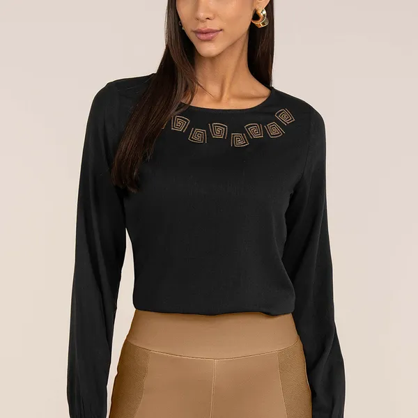BLUSA MANGA LONGA EM VISCOLINHO PRETO MIRA VEST