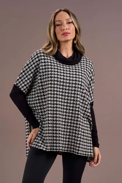PONCHO JACQUARD COM MANGAS PRETO XADREZ MIRA VEST