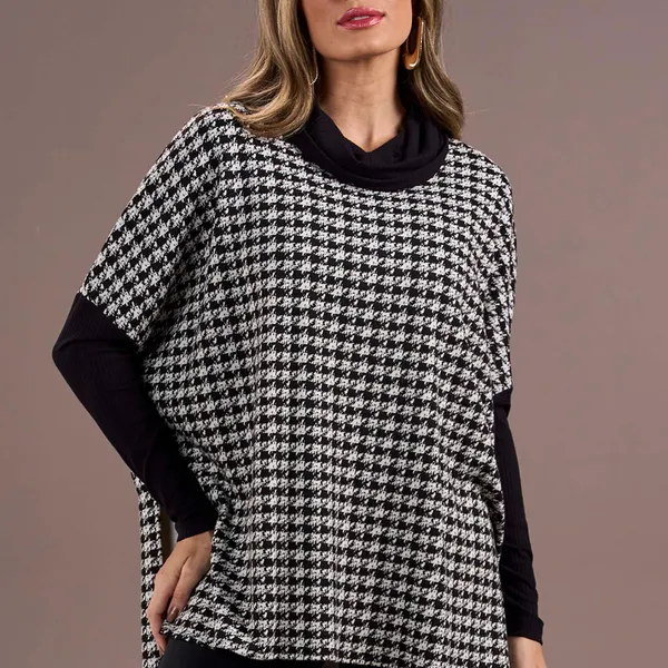 PONCHO JACQUARD COM MANGAS PRETO XADREZ MIRA VEST