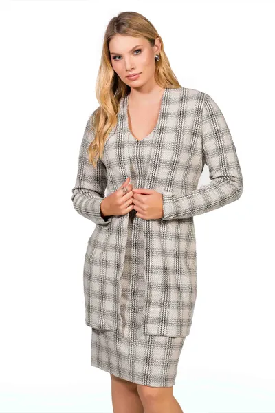 DUETO VESTIDO DECOTE V E CARDIGAN OFF PRETO MIRA V