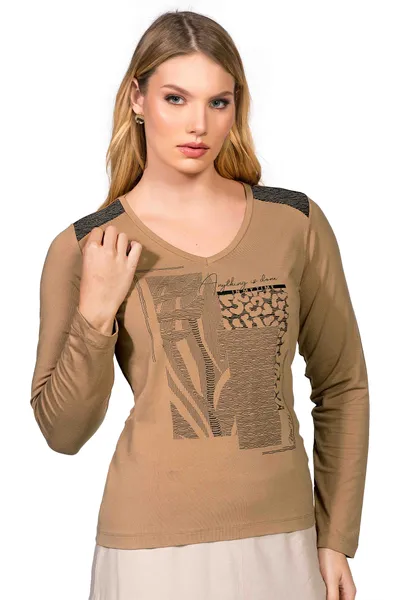 T-SHIRT COM RECORTE EM JACQUARD CASTANHA MIRA VEST