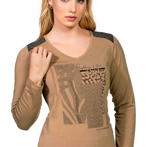 T-SHIRT COM RECORTE EM JACQUARD CASTANHA MIRA VEST
