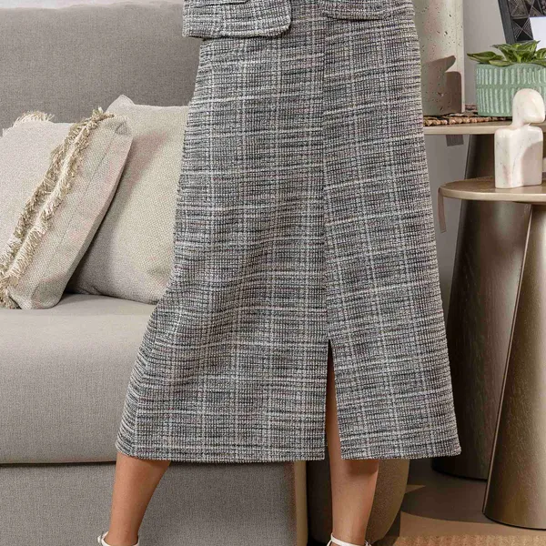 SAIA MIDI EM TWEED COM LUREX PRETO MIRA VEST