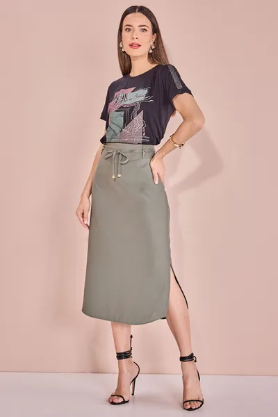 SAIA MIDI COM FENDA E CINTO MIRA VEST