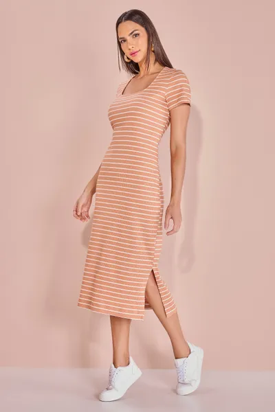 VESTIDO MIDI MANGA CURTA COM FENDAS