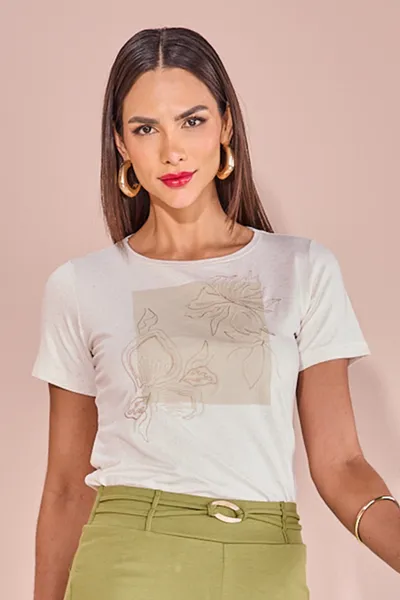 T-SHIRT MANGA CURTA DECOTE CANOA BORDADO