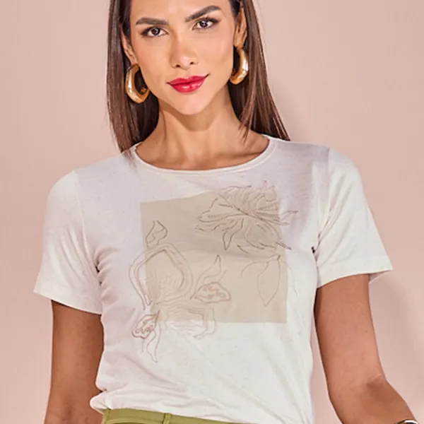 T-SHIRT MANGA CURTA DECOTE CANOA BORDADO