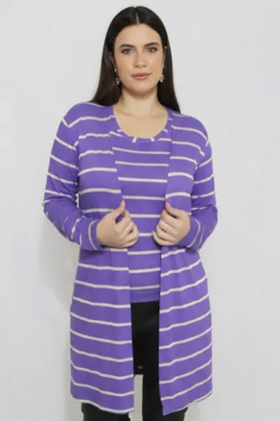 DUETO LISTRADO COM CARDIGAN ROXO MIRA VEST