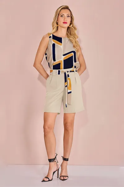 CONJUNTO BLUSA SEM MANGA BERMUDA ALFAIATARIA AMARE