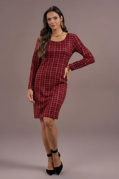 VESTIDO XADREZ JACQUARD MANGA LONGA VERMELHO MIRA