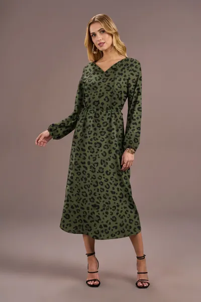VESTIDO MIDI DECOTE V VERDE MILITAR MIRA VEST