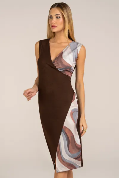 VESTIDO RECORTE TRANSVERSAL DECOTE V CHOCOLATE MIR