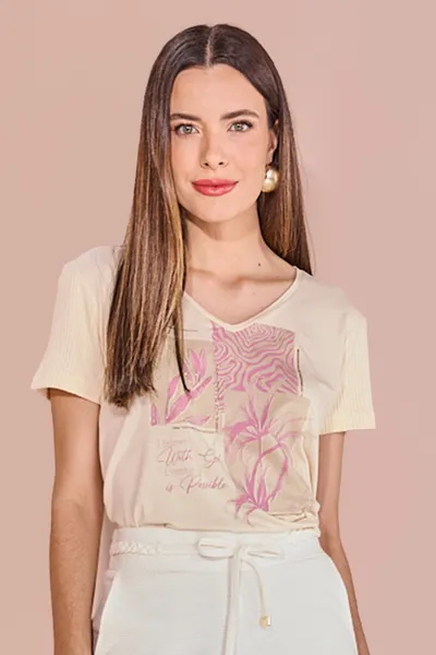 T-SHIRT DECOTE V MANGA CURTA MANTEIGA MIRA VEST