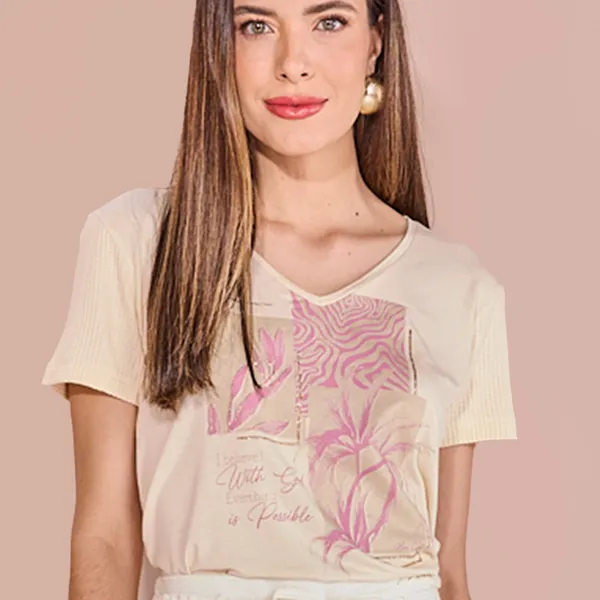 T-SHIRT DECOTE V MANGA CURTA MANTEIGA MIRA VEST