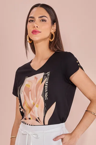 BLUSA MANGA CURTA COM BOTÕES DOURADOS PRETO MIRA V