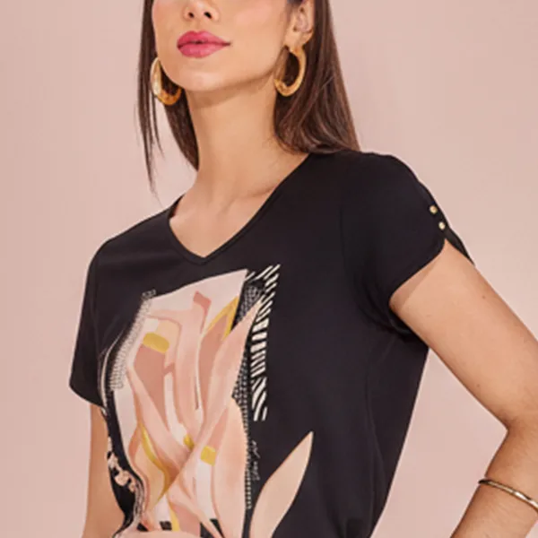 BLUSA MANGA CURTA COM BOTÕES DOURADOS PRETO MIRA V