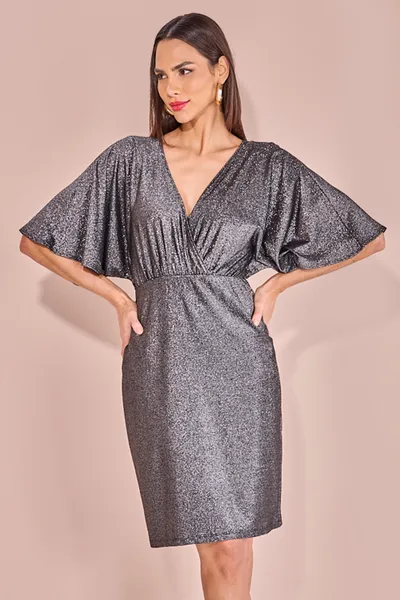 VESTIDO MANGA CURTA DECOTE V DRAPEADOS PRETO/ PRAT VESTIDO MANGA CURTA DECOTE V DRAPEADOS PRETO/ PRAT