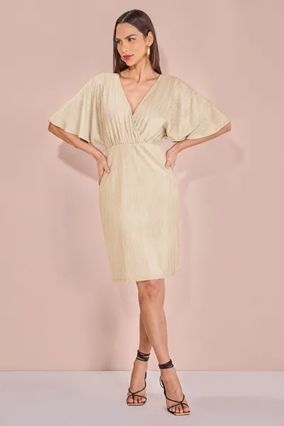 VESTIDO DECOTE V MALHA LUREX OFF/ DOURADO MIRA VES