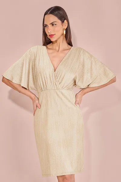 VESTIDO DECOTE V MALHA LUREX OFF/ DOURADO MIRA VES