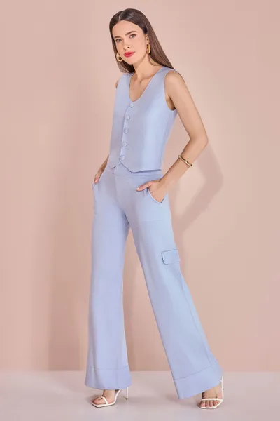 TRICOT COLETE SEM MANGA CALÇA RETA AZUL BEBE MIRA