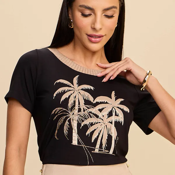BLUSA COM ESTAMPA EM GLITTER E METALIZADO MIRA VES