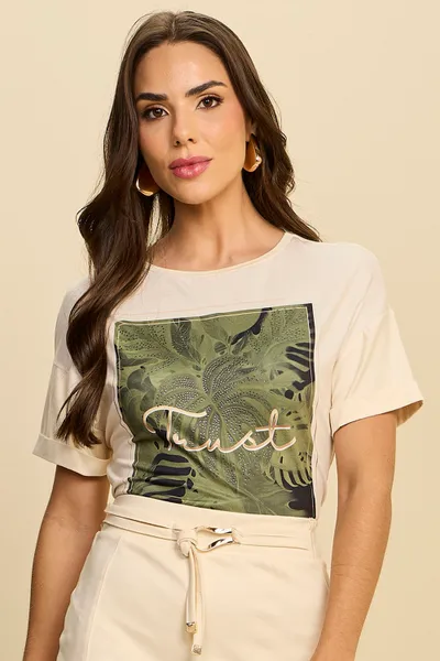 BLUSA COM ESTAMPA EM PEDRARIAS E MALHA CREPONADA M