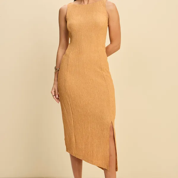 VESTIDO MIDI ASSIMÉTRICO EM MALHA CREPONADA MIRA V