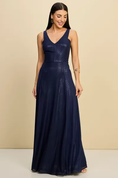 VESTIDO LONGO COM TULE EM JERSEY FOIL MIRA VEST