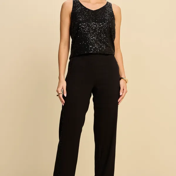 CONJUNTO COM BLUSA E CALÇA PANTALONA COM PAETÊ MIR
