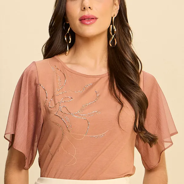 BLUSA ESTAMPADA EM VISCOLYCRA COM GLITTER MIRA VES