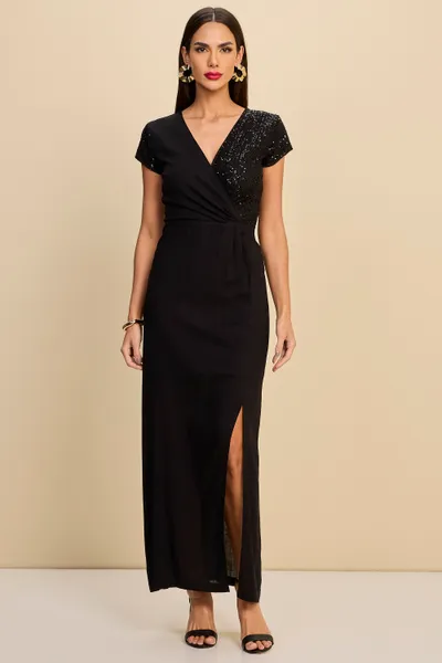VESTIDO LONGUETE EM VISCOLINHO COM FENDA E PAETÊ M